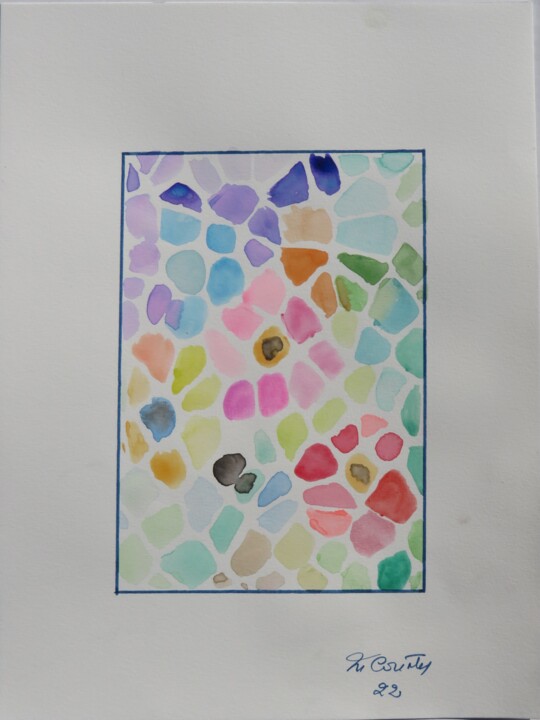 Malerei mit dem Titel "Fleurs  puzzle" von Myriam Courty, Original-Kunstwerk, Aquarell
