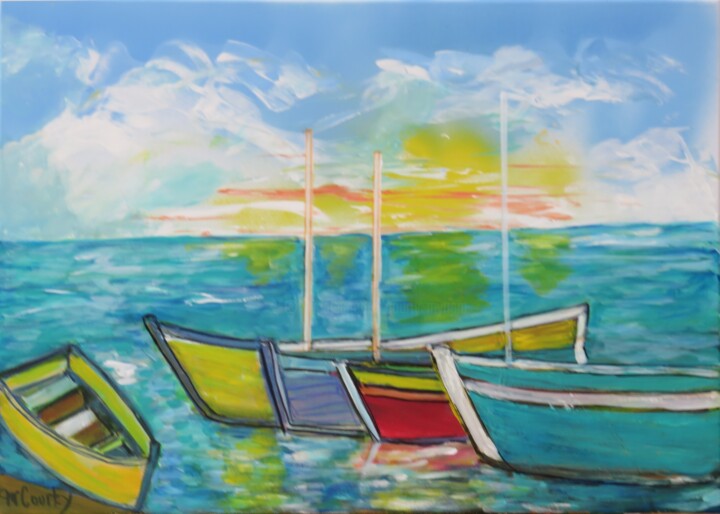 Painting titled "les cinq barques" by Myriam Courty, Original Artwork, Acrylic Mounted on Wood Stretcher frame