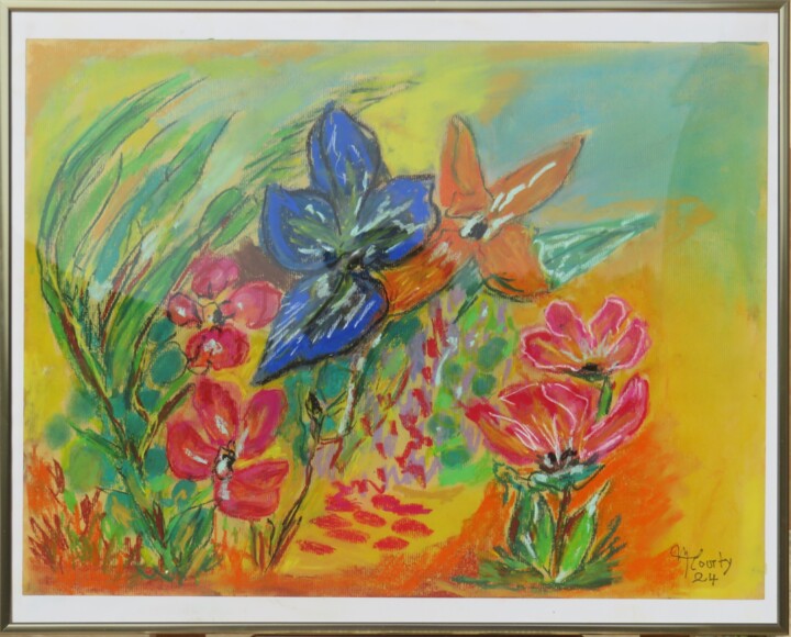 Painting titled "jardin fleuri 2024" by Myriam Courty, Original Artwork, Pastel
