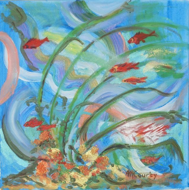 Painting titled "Coraux et poissons" by Myriam Courty, Original Artwork, Acrylic Mounted on Wood Stretcher frame