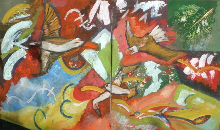 제목이 "Oiseaux"인 미술작품 Myriam Courty로, 원작, 아크릴 나무 들것 프레임에 장착됨