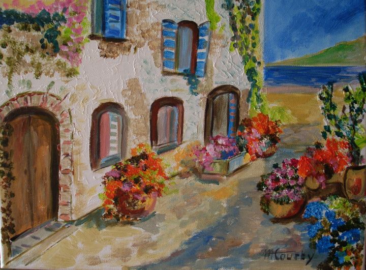Painting titled "Village Côte d'Azur" by Myriam Courty, Original Artwork, Acrylic Mounted on Wood Stretcher frame
