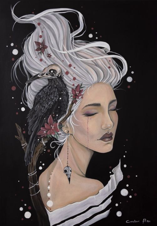 Картина под названием "Raven" - Alisa Covatari, Подлинное произведение искусства, Акрил