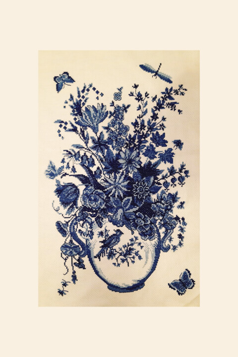 Textile Art με τίτλο "In blue" από Cozy Corner, Αυθεντικά έργα τέχνης, Κέντημα Τοποθετήθηκε στο Ξύλινο φορείο σκελετό