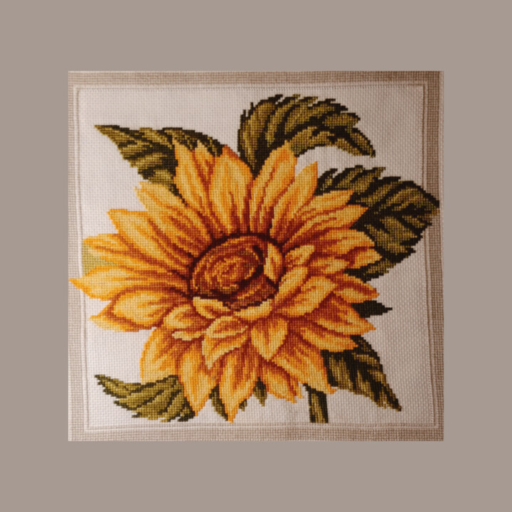 Textile Art titled "Sunflower" by Cozy Corner, Original Artwork, Embroidery Mounted on Wood Stretcher frame