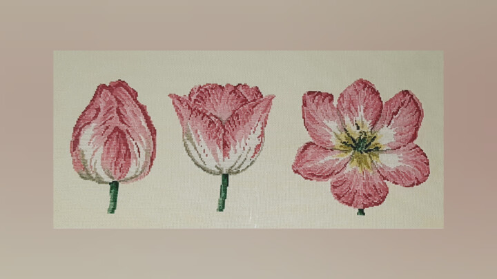 Textile Art titled "Tulip" by Cozy Corner, Original Artwork, Embroidery Mounted on Wood Stretcher frame