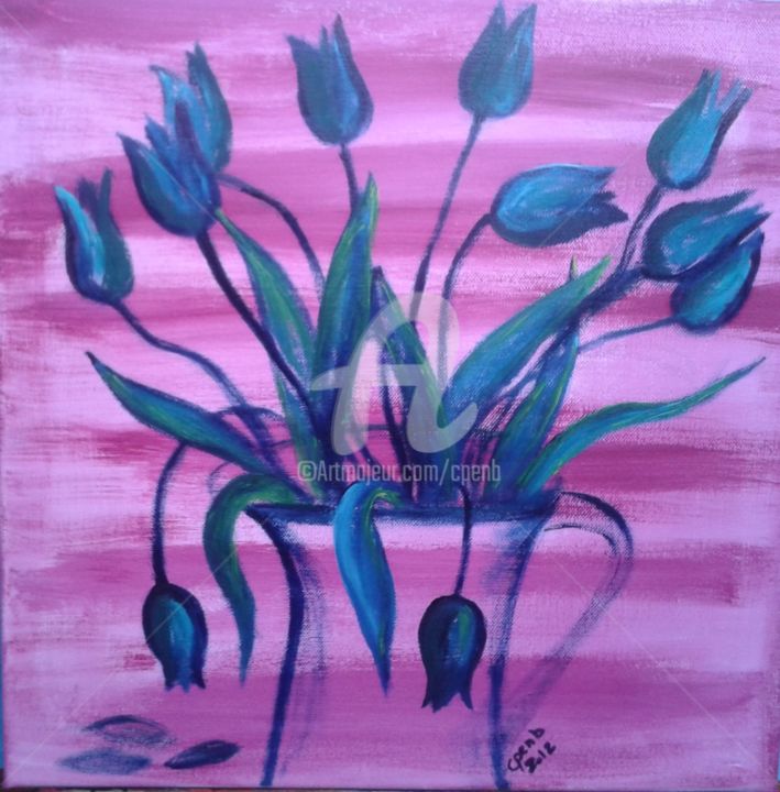 Painting titled "Tulipes bleues" by Colette Pennarun, Original Artwork, Oil