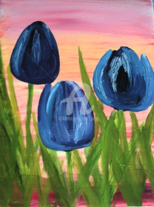 Painting titled "Trio de tulipes - 2…" by Colette Pennarun, Original Artwork, Oil