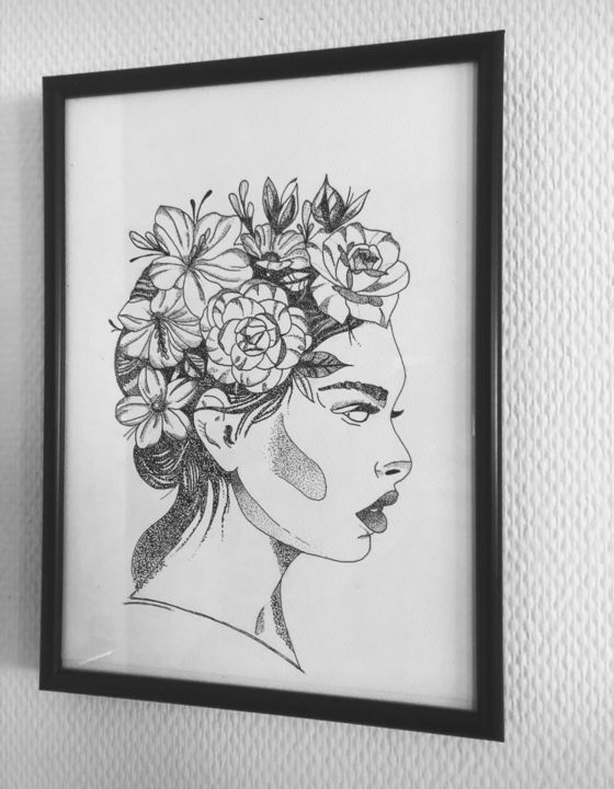 Рисунок под названием "Dotwork face women" - Nikki Craemers, Подлинное произведение искусства, Шариковая ручка
