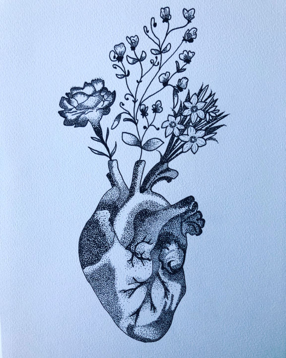 Рисунок под названием "Dotwork heart fille…" - Nikki Craemers, Подлинное произведение искусства, Шариковая ручка