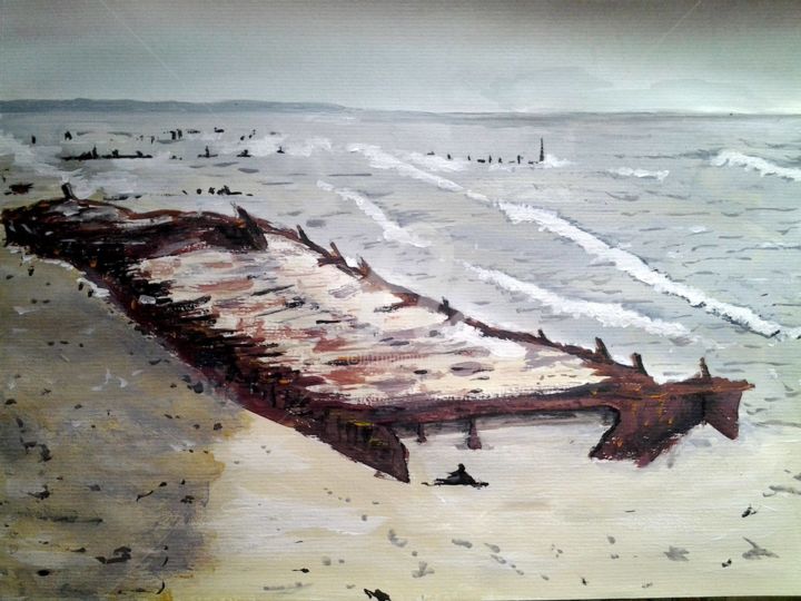 Painting titled "W Beach shipwreck" by Roachie - The Gallipoli Artist, Original Artwork, Acrylic