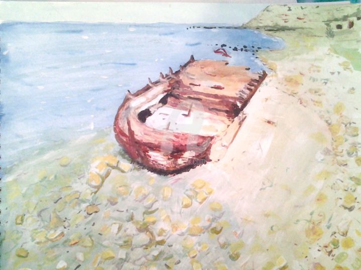 Painting titled "The barge of W Beach" by Roachie - The Gallipoli Artist, Original Artwork, Acrylic