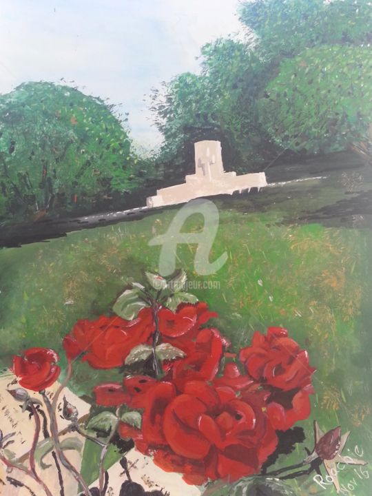 Painting titled "Roses on gravestone…" by Roachie - The Gallipoli Artist, Original Artwork, Acrylic