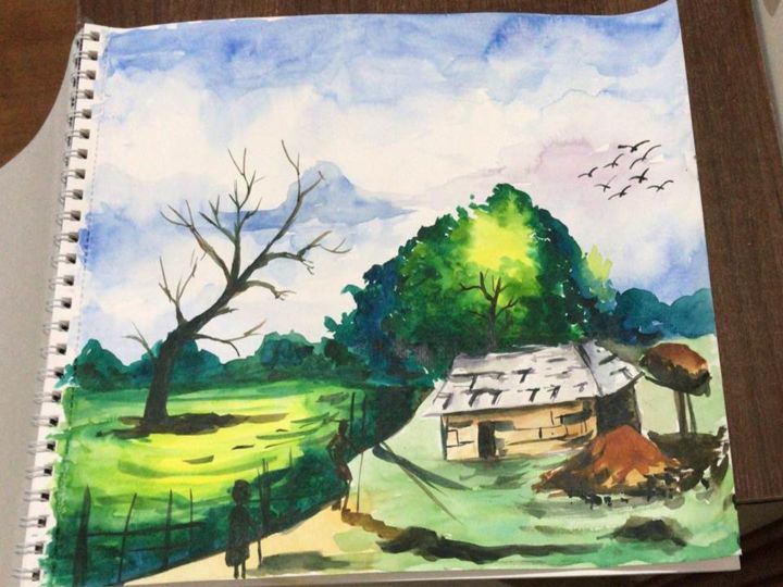 Painting titled "Village" by Crazy Jo, Original Artwork, Watercolor