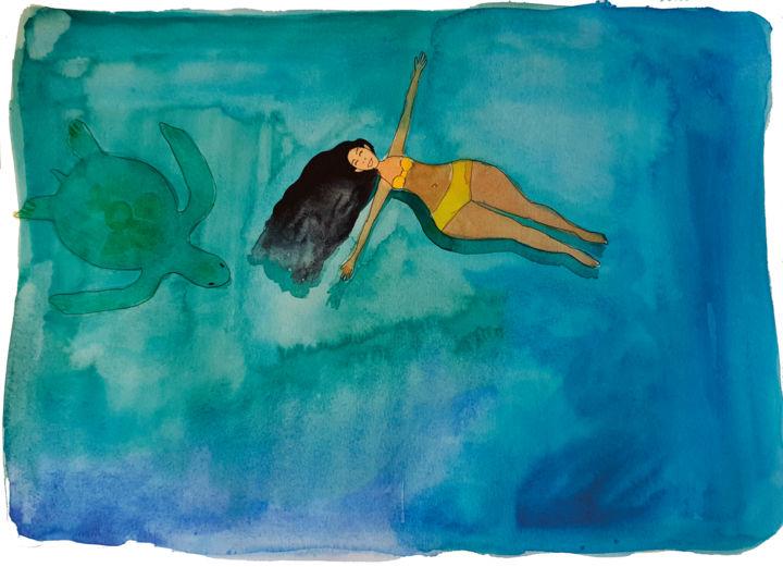 Schilderij getiteld "La femme et la tort…" door Barbara Colas, Origineel Kunstwerk, Aquarel