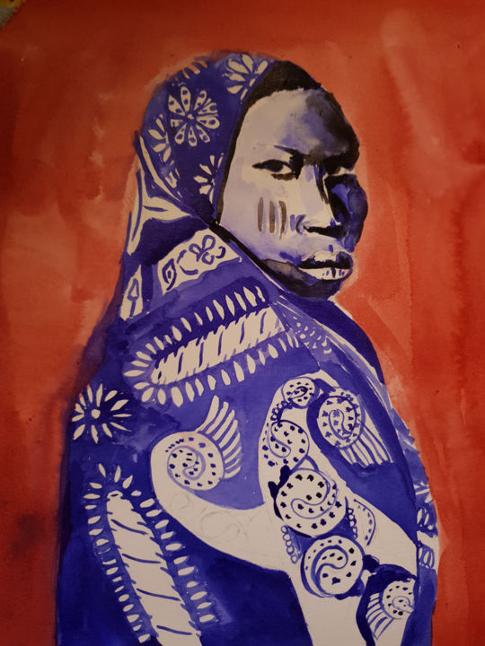 Peinture intitulée "La femme au foulard" par Barbara Colas, Œuvre d'art originale, Encre