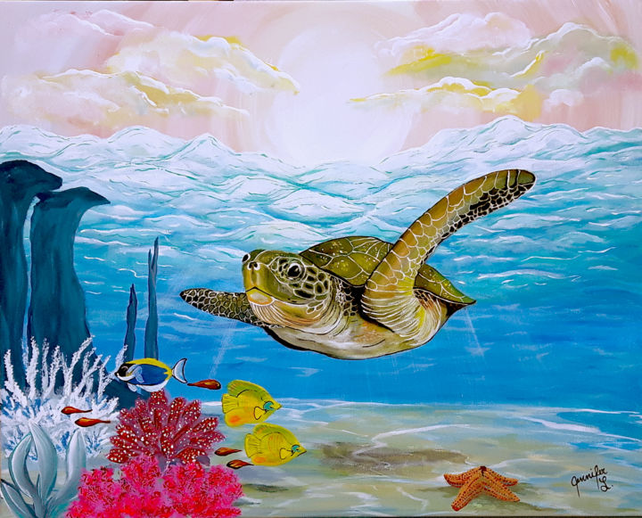 Painting titled "Sea turtle" by Jennifer Létourneau, Original Artwork, Acrylic Mounted on Wood Stretcher frame