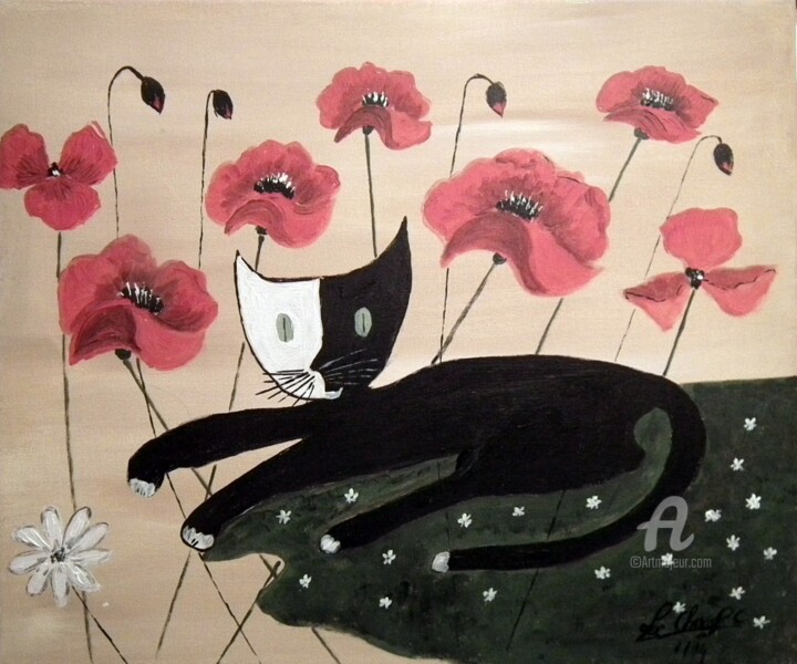 Peinture intitulée "368-le-chat-aux-coq…" par Crilamb, Œuvre d'art originale