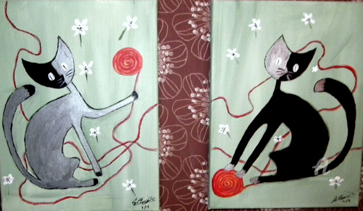 Painting titled "376-duo-chats-fil-r…" by Crilamb, Original Artwork