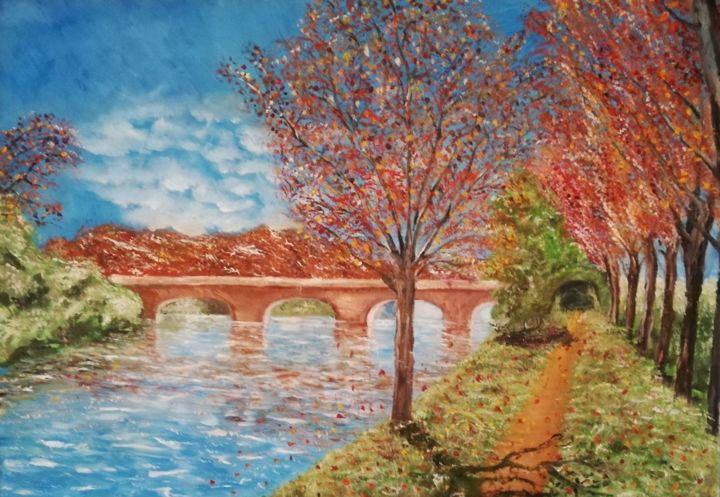 Painting titled "Autunno sul fiume" by Kiko Cristoni, Original Artwork, Oil Mounted on Wood Panel