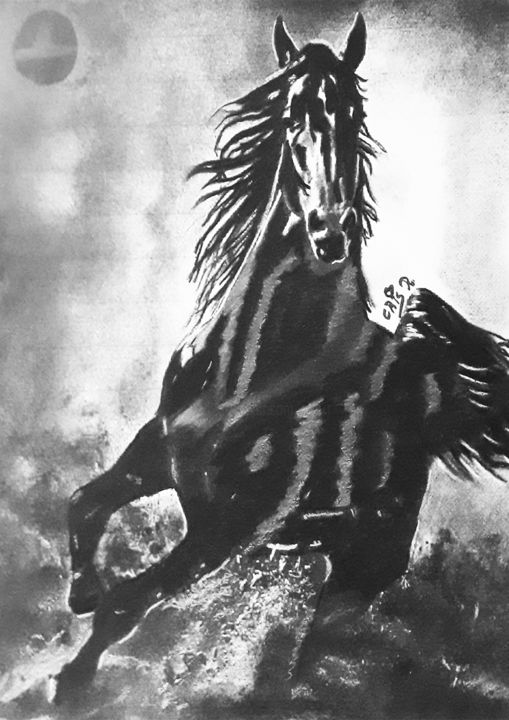 Drawing titled "Au Grand Galop" by Cris R., Original Artwork, Charcoal