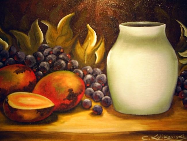 Peinture intitulée "Frutas e vaso." par Cristina Kolikoviski -Cris, Œuvre d'art originale, Huile