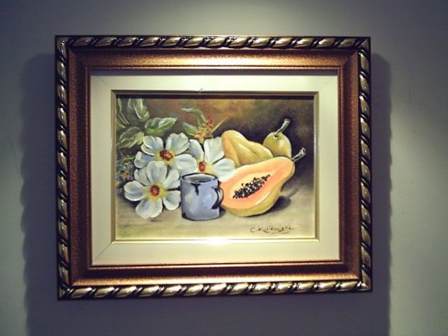Peinture intitulée "Mamão e flores." par Cristina Kolikoviski -Cris, Œuvre d'art originale, Huile