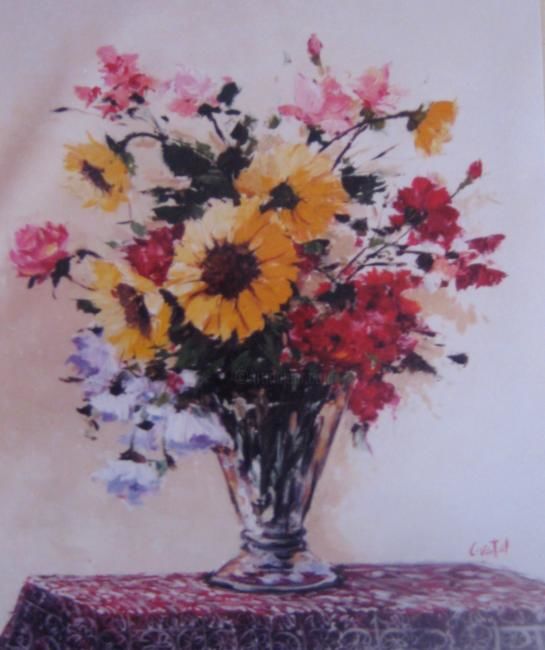Painting titled "Girasoles con Clave…" by Cristel, Original Artwork, Oil