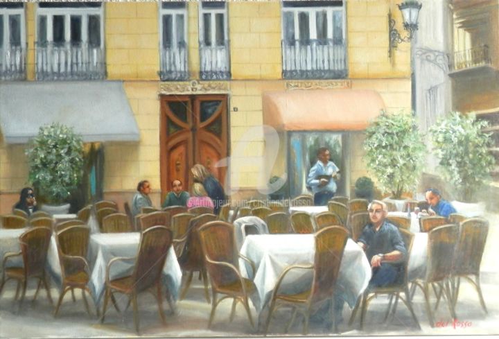 Malerei mit dem Titel "La terraza del rest…" von Cristina Del Rosso, Original-Kunstwerk, Öl