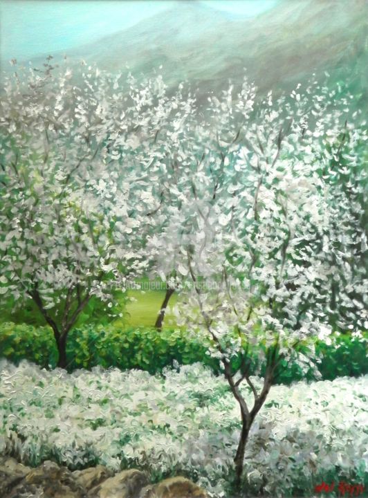 Pintura titulada "Rosas y almendros…" por Cristina Del Rosso, Obra de arte original, Oleo