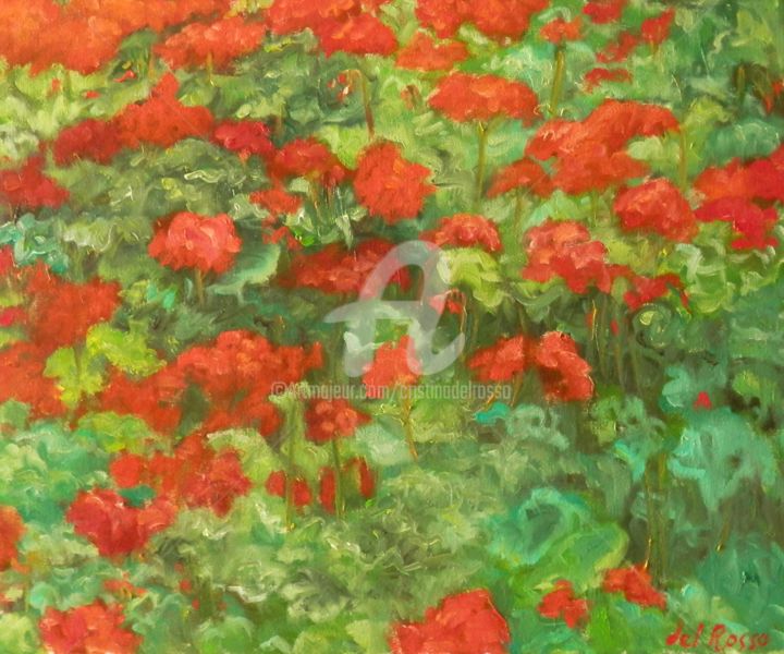 Painting titled "Geranios (Geraniums)" by Cristina Del Rosso, Original Artwork, Oil