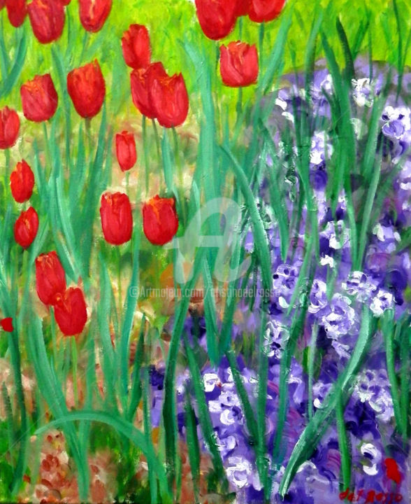 Painting titled "Tulipanes y pensami…" by Cristina Del Rosso, Original Artwork, Oil