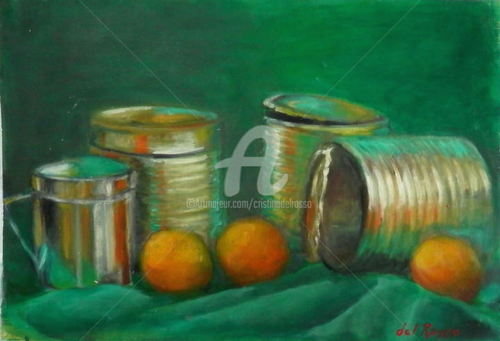 Painting titled "Metales y naranjas…" by Cristina Del Rosso, Original Artwork, Oil