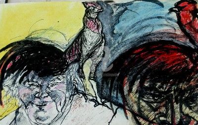 Drawing titled "Viejo con gallos" by Cristina Vidal, Original Artwork