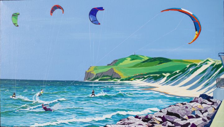 Malerei mit dem Titel "kite surf à Wissant" von Christelle Vaesken, Original-Kunstwerk, Acryl