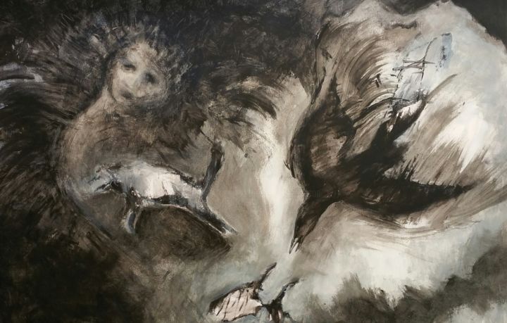 Pittura intitolato "Woman with animal s…" da Catherine Rogers, Opera d'arte originale, Acrilico