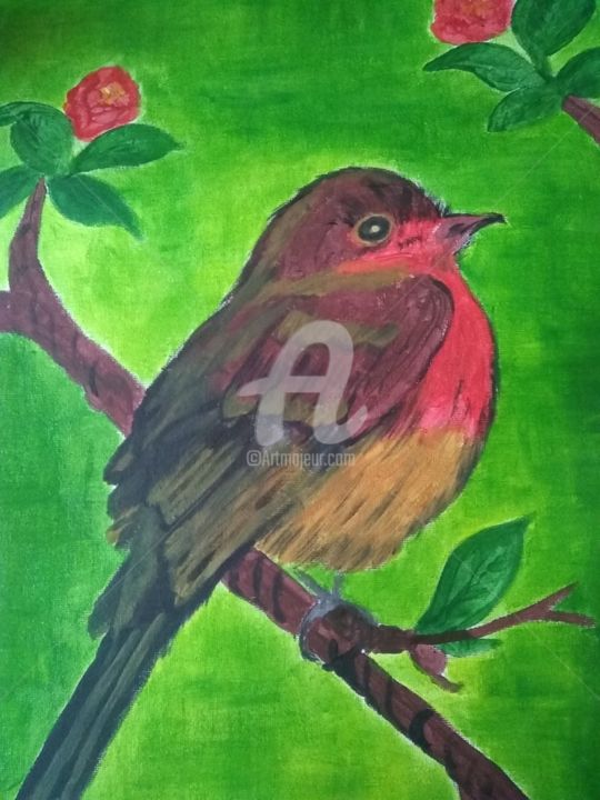 Painting titled "BIRD ON THE BANCH" by Lodya, Original Artwork, Acrylic