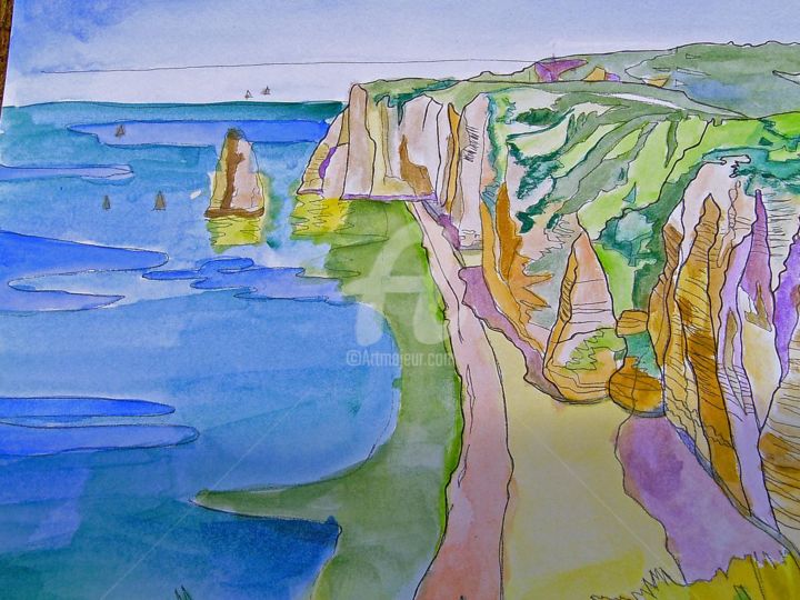 Painting titled "ETRETAT LES FALAISES" by Lodya, Original Artwork, Oil