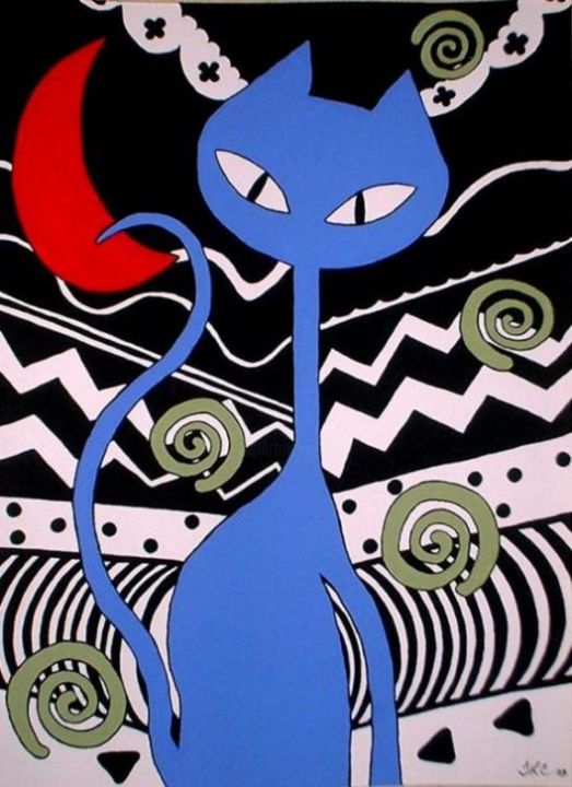 Painting titled "Blue Pussy Red Sun" by Teresa Croughen, Original Artwork, Oil