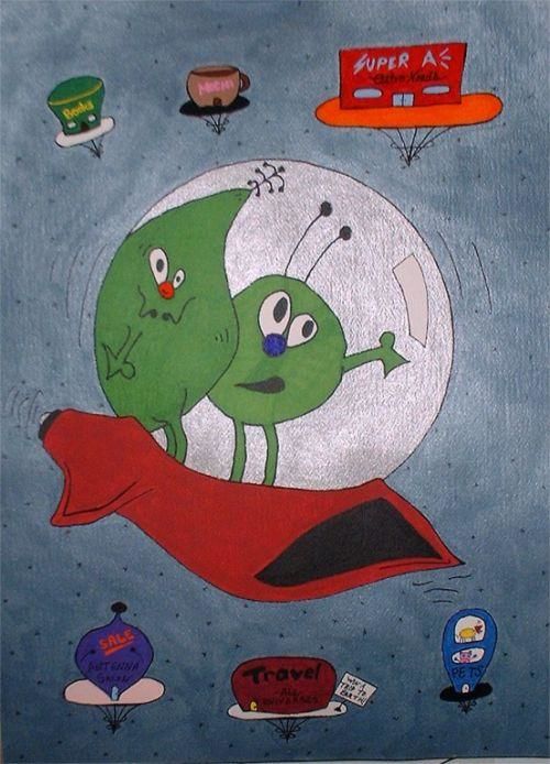 Painting titled "Space Cuties" by Teresa Croughen, Original Artwork, Oil