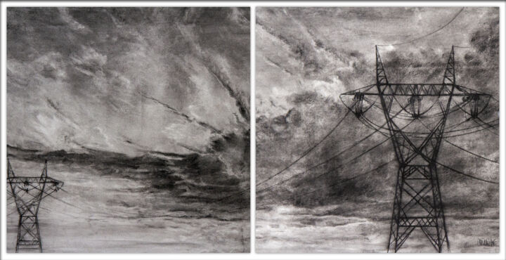 Σχέδιο με τίτλο "Distance (1&2)" από Jean-Louis Crudenaire, Αυθεντικά έργα τέχνης, Κάρβουνο Τοποθετήθηκε στο Ξύλινο πάνελ