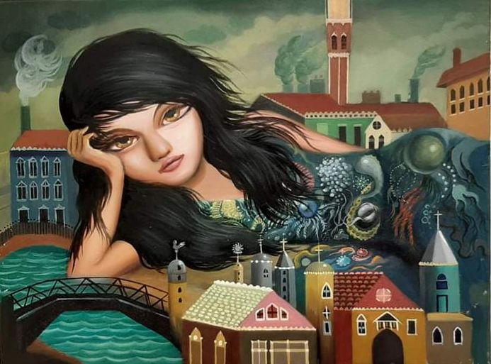 Peinture intitulée "la fille de venice" par Igor El Ruso (Lowbrow Artist), Œuvre d'art originale, Huile