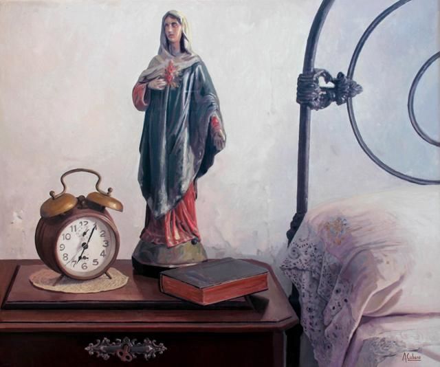 Pintura titulada "mesita de noche con…" por Antonio Cubero Jiménez, Obra de arte original