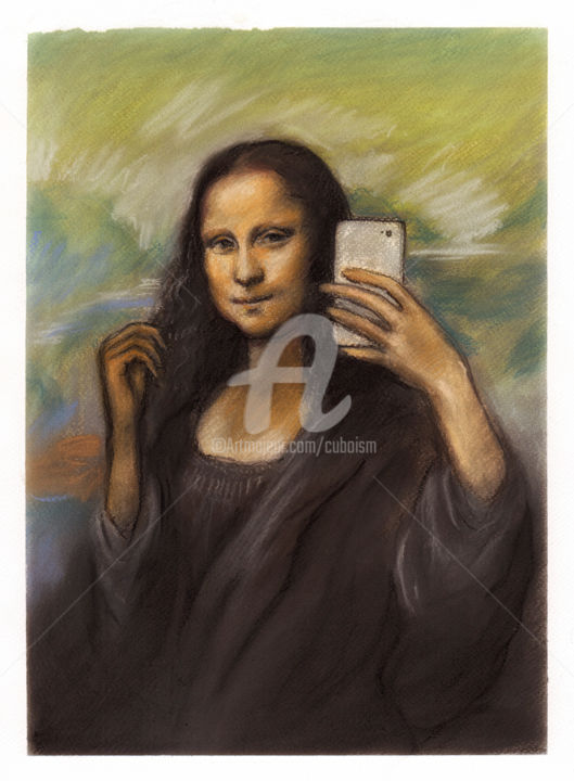 Digital Arts titled "Mona Lisa taking a…" by Cuboism Art Design Kuboizumuatodezain, Original Artwork, Pastel