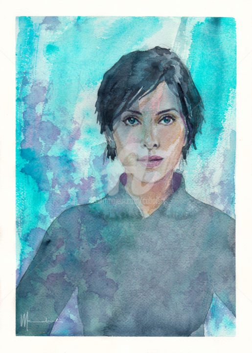 Artes digitais intitulada "Portrait of Natalie…" por Cuboism Art Design Kuboizumuatodezain, Obras de arte originais, Aquarela