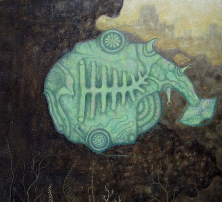 Картина под названием "Рыба батискаф" - Alexandr Cucumber, Подлинное произведение искусства, Масло Установлен на Деревянная…