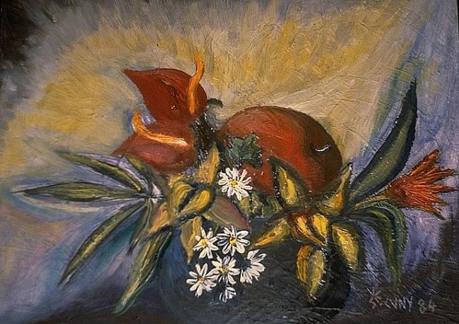 Painting titled "Fleurs et fruits" by L'Homme Aux Pieds De Caoutchouc, Der Man, Original Artwork
