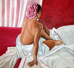 Malerei mit dem Titel "la chambre rouge" von Curt, Original-Kunstwerk, Öl