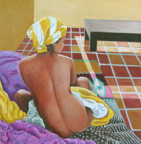 Schilderij getiteld "le foulard jaune" door Curt, Origineel Kunstwerk, Olie