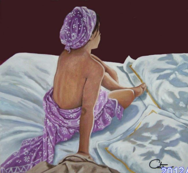 Schilderij getiteld "le paréo violet" door Curt, Origineel Kunstwerk, Olie